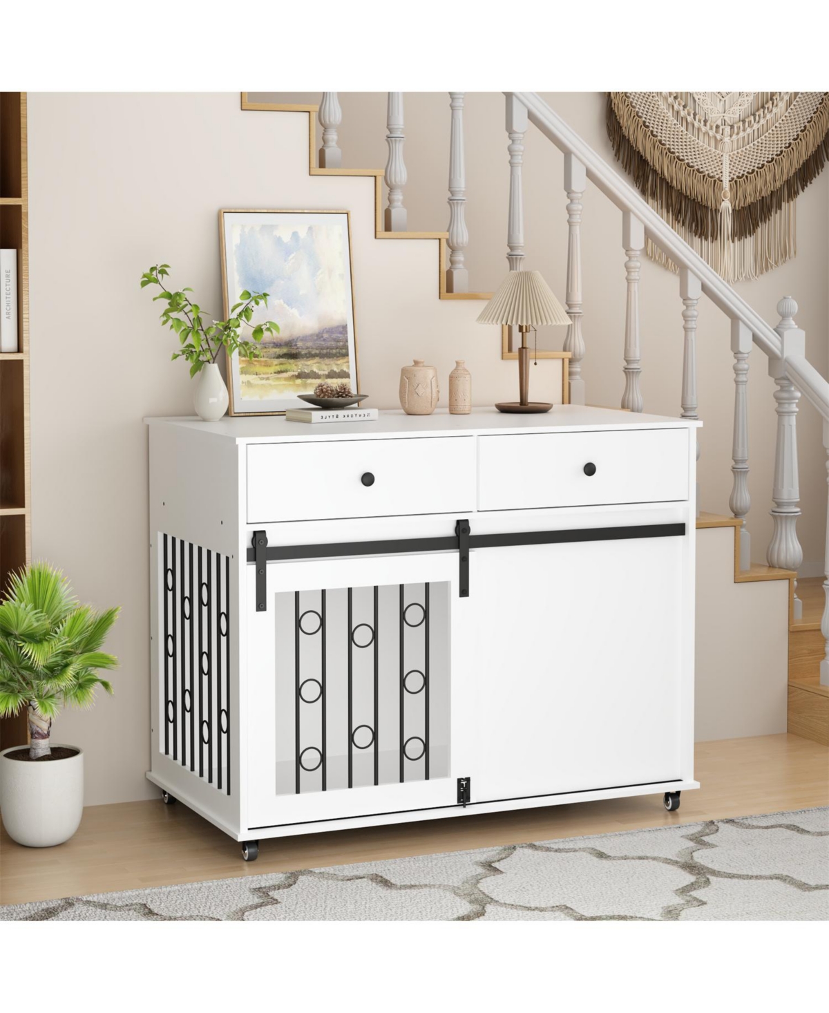 Aostirmotor Dog Crate Furniture with Double Drawers and Sliding Barn Door in White
