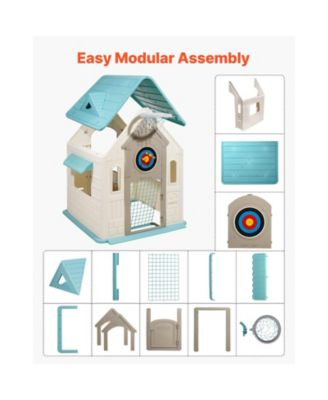 Outdoor Playhouse, 5-In-1 Cottage Play House with Pretend Play, Basketball, Darts, Soccer, Ring Toss