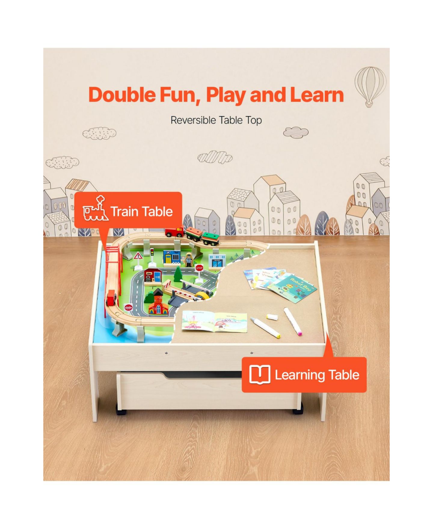 Детский конструктор Slickblue Wooden Train Table 100-Piece Building Set, Ages 3+, цвет: Натуральный — фото 9