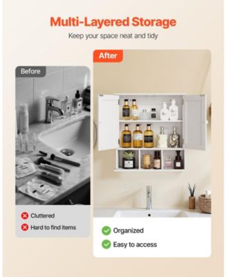 Bathroom Wall Cabinet, 2 Doors, Adjustable Shelf, Wall-Mounted Over-Toilet Storage w/ Open Shelves, White