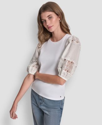 Petite Crew Neck Lace Eyelet Top