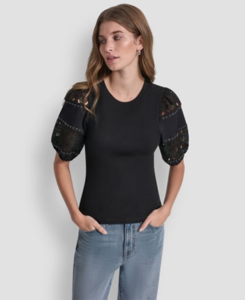 Женский топ DKNY Jeans для невысоких с круглым вырезом и кружевным люверсом, цвет: Чёрный