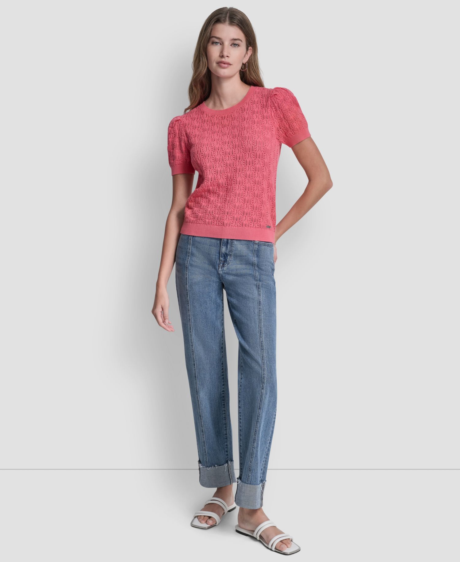 Women's Short Sleeve Crew Neck Lace Pointelle Sweater