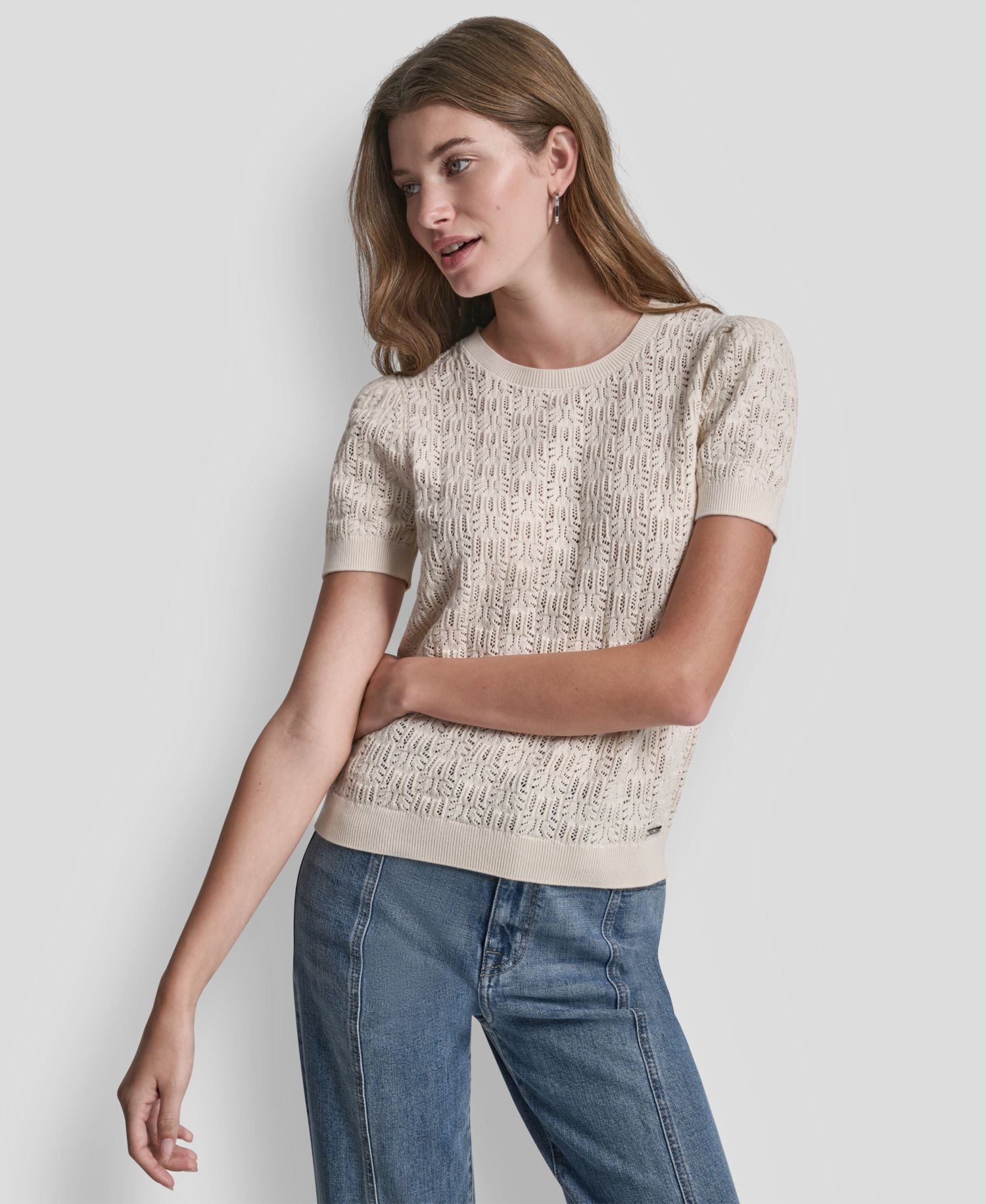 Women's Short Sleeve Crew Neck Lace Pointelle Sweater