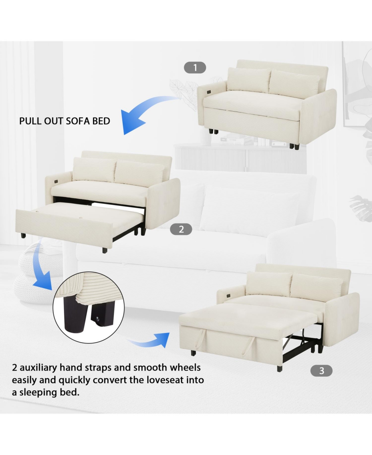 Streamdale Furniture Pull-out Sofa Bed Modern 2-Seat Loveseat with Usb Ports