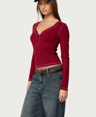 Women's Yael Contrast Stitch Henley Top
