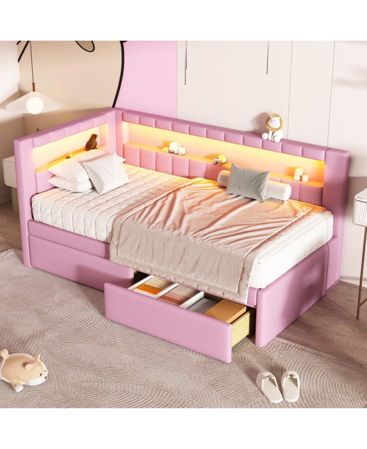 Streamdale Furniture Twin Platform Bed w/ Usb & Led 2 Drawers