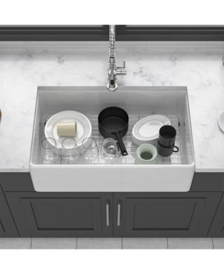 33x18x10inch White Porcelain Ceramic Single Bowl Reversible Design Kitchen Sink with Stainless Steel Accessories
