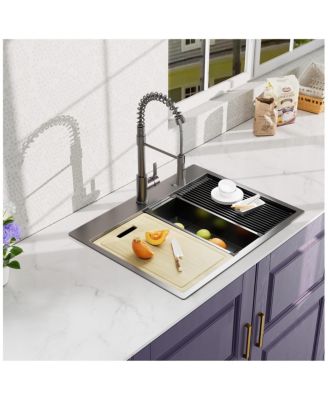 32x22inch Gunmetal Black Workstation Kitchen Sink 18 Gauge Stainless Steel with Faucet