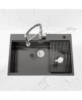 33inch Overmount Single Bowl Black 304 Stainless Steel Handmade Kitchen Sink with Cutting Board and Colander