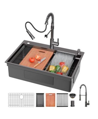 huluwat Gunmetal Black Waterfall Kitchen Sink Workstation Smart Pull Out Faucet Combo