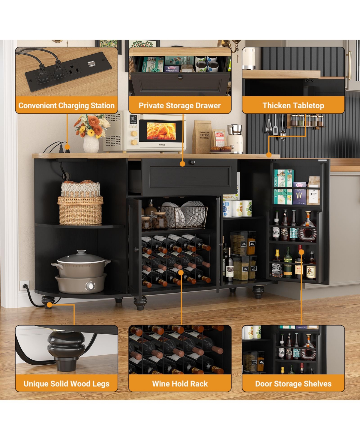 Aheaplus Kitchen Sideboard Buffet Cabinet with Drawer & Cabinets, 55'' Coffee Bar Power Outlets Wine Rack