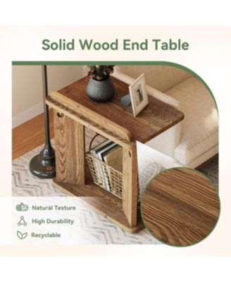 Solid Wood C-Shaped End Table, Farmhouse Wooden Side Table with Book Groove & Holder, 2-Tier Bedside Nightstand