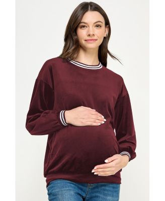 Women's Velvet Striped Neckline Long Sleeve Maternity Sweatshirt Top