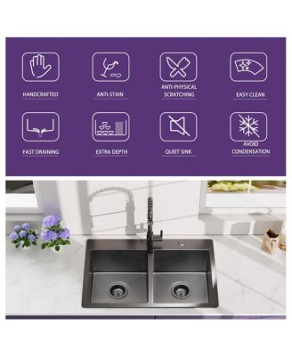 33x22x9inch Gunmetal Black Kitchen Sink Topmount Double Bowl Stainless Steel with Faucet