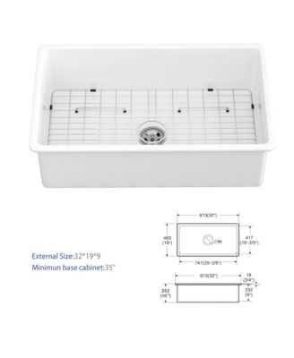 huluwat 32x19x10inch White Fireclay Kitchen Sink Undermount Single Bowl Dual Mount Deep Basin