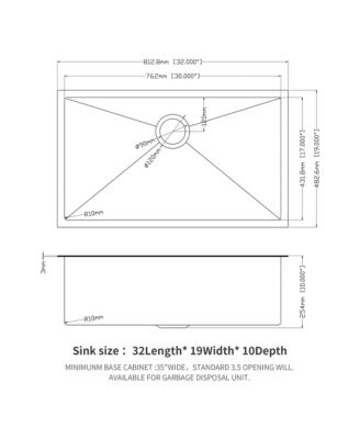 32x19x10inch Gunmetal Black Undermount Kitchen Sink Single Bowl Stainless Steel 16 Gauge