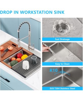 33x22inch Stainless Steel Workstation Sink Drop In Single Bowl 18 Gauge with Accessories