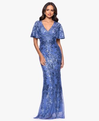 Women's Sequin Detail Flutter-Sleeve Gown