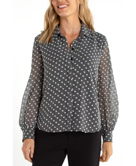 Petite Collared Button Front Blouse - Black White Plaid