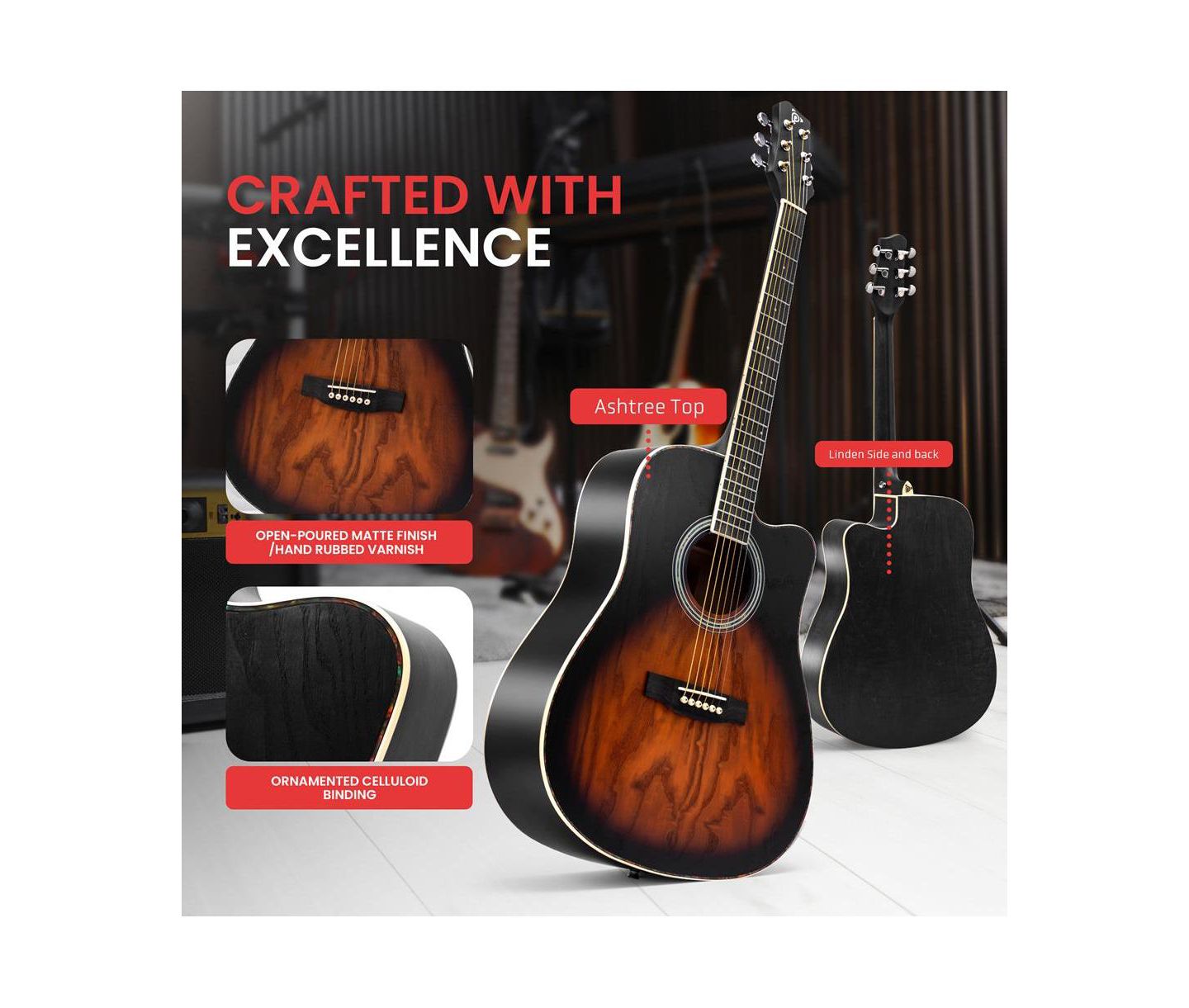 Детские игрушки Pyle 41 Steel Strings Acoustic Guitar Sunburst Teardrop Full-Size Beginner 7-Piece Music Kit, Ages 14 & Up, цвет: Чёрный — фото 2