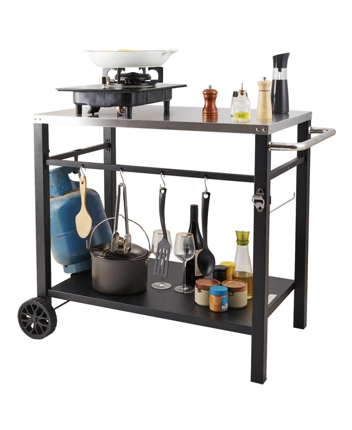 Outdoor Grill Dining Cart, Double Shelf, Stainless Steel Top, 2 Wheels, Carry Handle, Food Prep Table