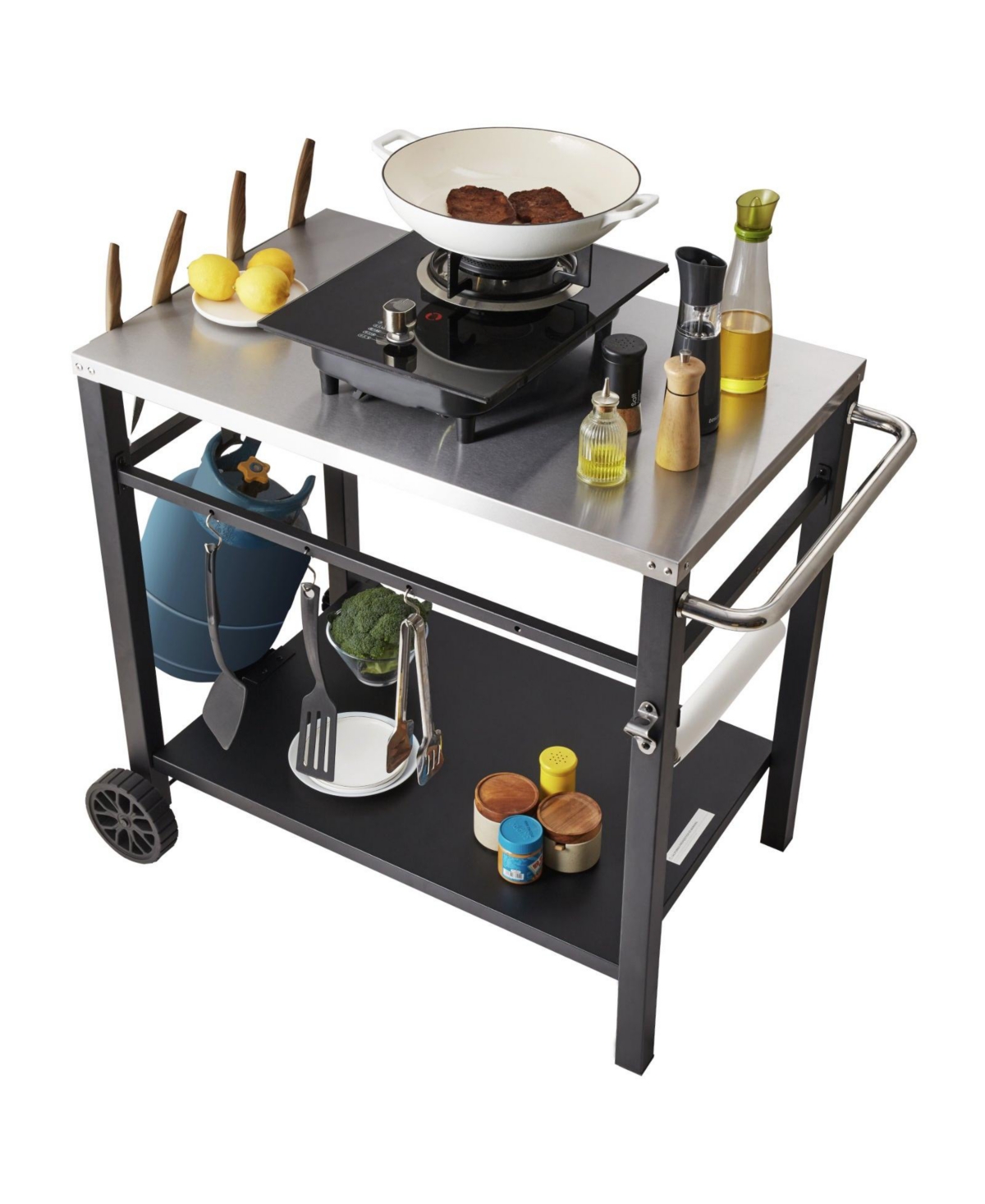 Outdoor Grill Dining Cart, Double Shelf, Stainless Steel Top, 2 Wheels, Carry Handle, Food Prep Table