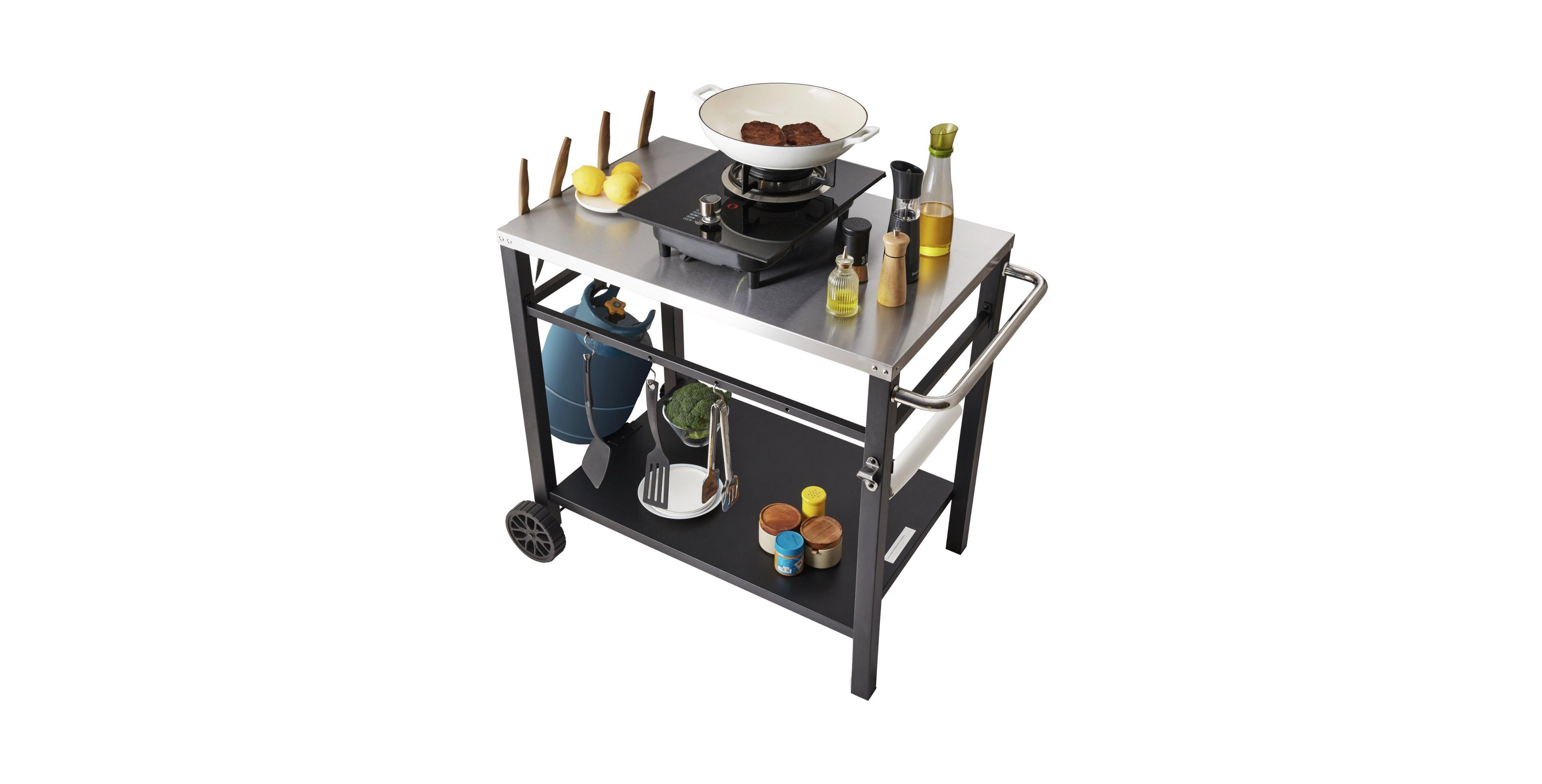 Outdoor Grill Dining Cart, Double Shelf, Stainless Steel Top, 2 Wheels, Carry Handle, Food Prep Table