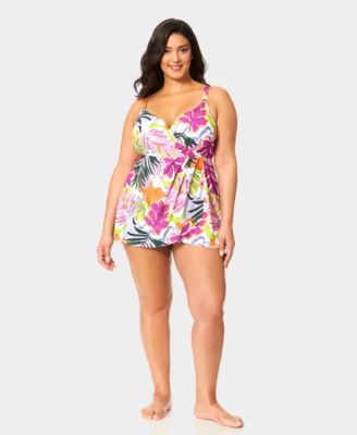 Plus Size V-Neck Printed Surplice Skirted Swim Dress