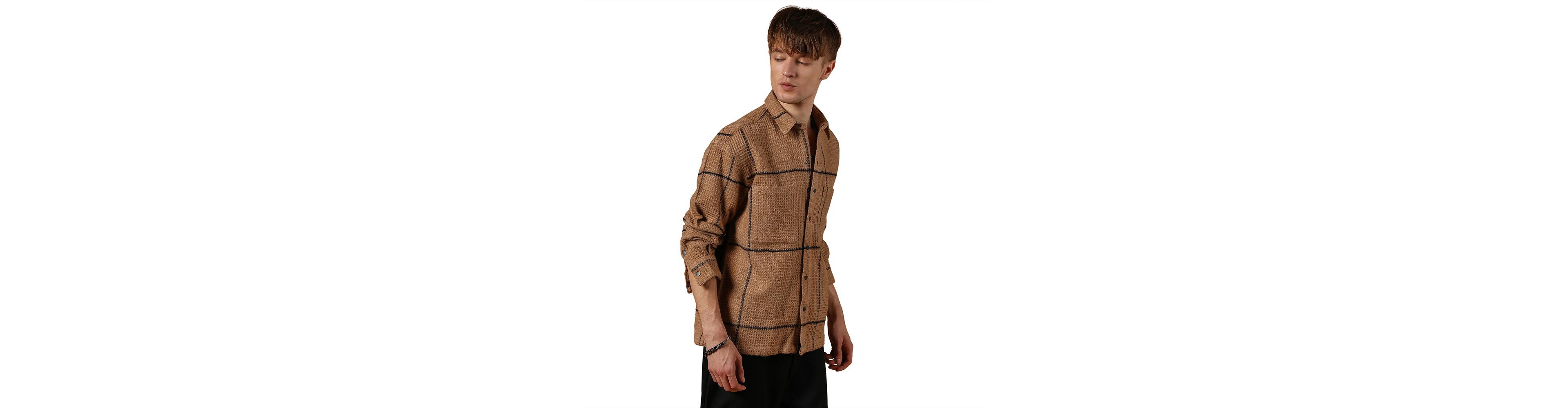 Campus Sutra Men's Ash Brown Graph-Check Waffle Overshirt