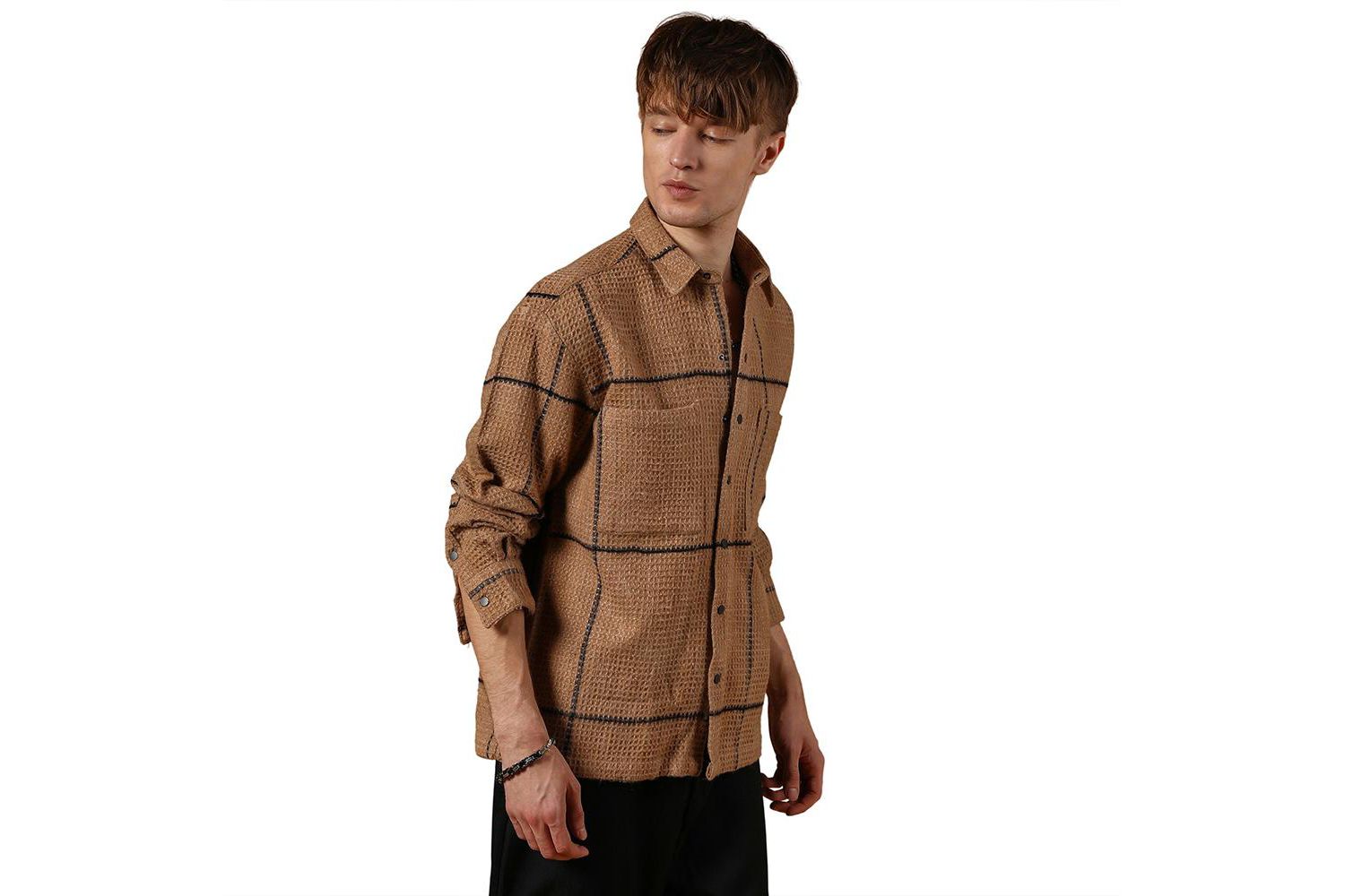 Men's Ash Brown Graph-Check Waffle Overshirt