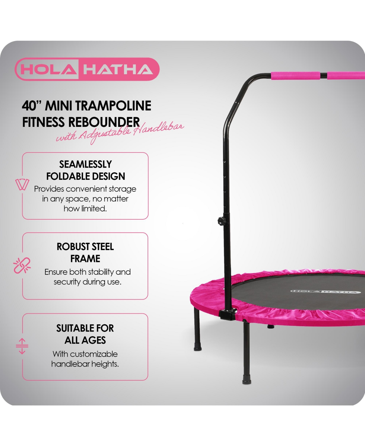 HolaHatha 40" Mini Trampoline Fitness Rebounder with Adjustable Handle, Pink