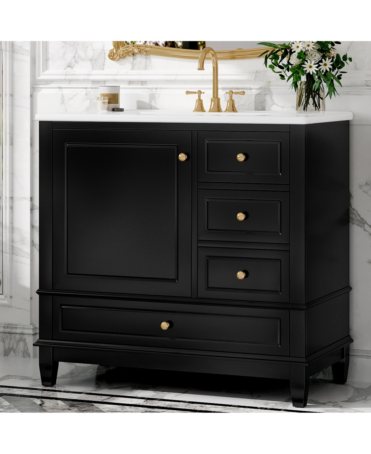 Cesicia 36 in. Freestanding Bathroom Vanity Cabinet with Ceramic Sink, Mdf and Solid Wood Base, 3 Drawers Shelves, 4 Faucet Holes