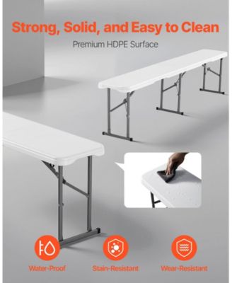 Plastic Folding Bench, 6 ft Portable Foldable HDPE Bench for Indoor Outdoor Picnic, Patio, Camping and Events, 2 Pack, White