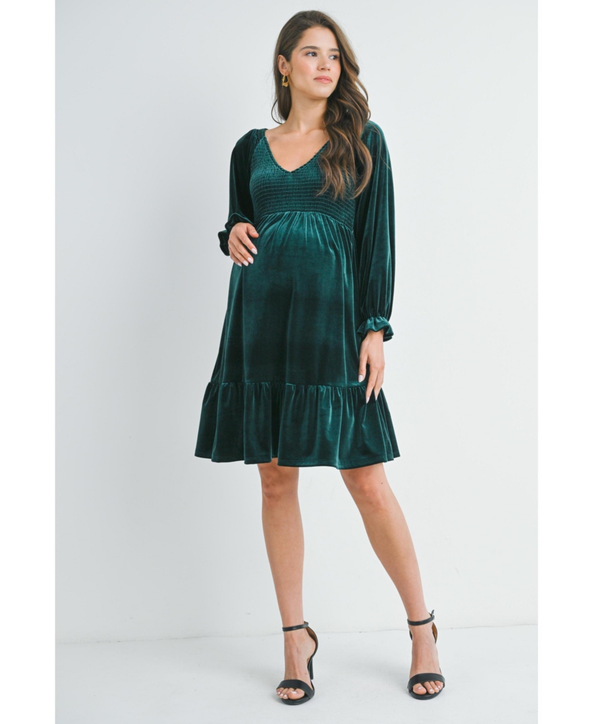 Hello Miz Maternity Smocked V Neck Long Sleeve Velvet Dress
