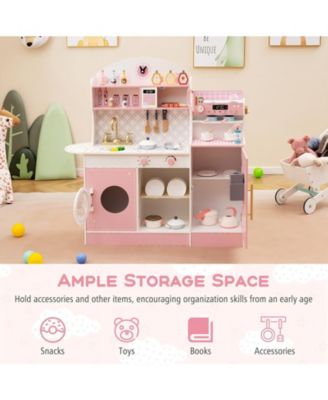 Wooden Kids Play Kitchen with Ice Maker Coffee Station and Storage