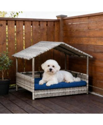 Rattan Dog House with Dark Blue Cushion for Outdoor in Gray