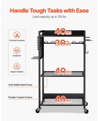 4-Tier Tool Organizer Cart, 150-Lb Capacity, Rolling Drill Holder & Storage Rack, Floor Stand, Black