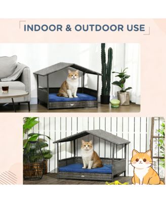Dark Blue Outdoor Wicker Cat House with Canopy