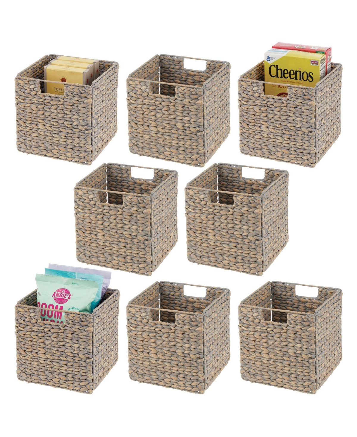 mDesign Woven Hyacinth Kitchen Storage Organizer Basket Bin, 8 Pack, Gray Wash