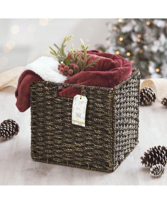 Seagrass Woven Cube Bin Basket Organizer, Handles, 6 Pack, Black Wash