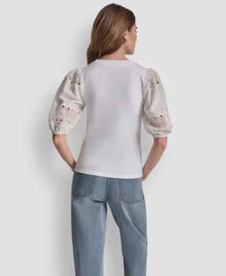 Women's Crew Neck Lace Eyelet Pull-On Top