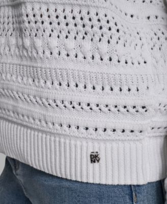 Women's Crew Neck Long-Sleeve Tipped Pointelle Sweater