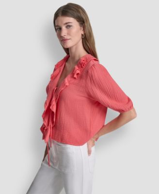 Women's V-Neck Short Puff Sleeve Tie-Front Shirt
