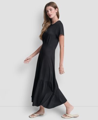 Women's Ruched Bodice Crew Neck Tier Long Dress