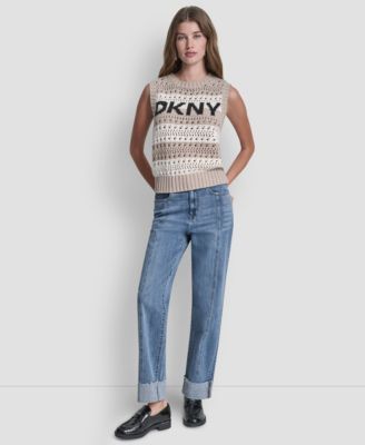 Women's Crew Neck Striped Pointelle Stitch Sweater