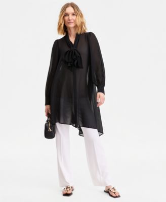 Women's Long Sleeve Bow-Neck Chiffon Tunic