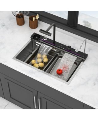 30x19x9inch Smart Waterfall Kitchen Sink Workstation Stainless Steel 16 Gauge with Faucet