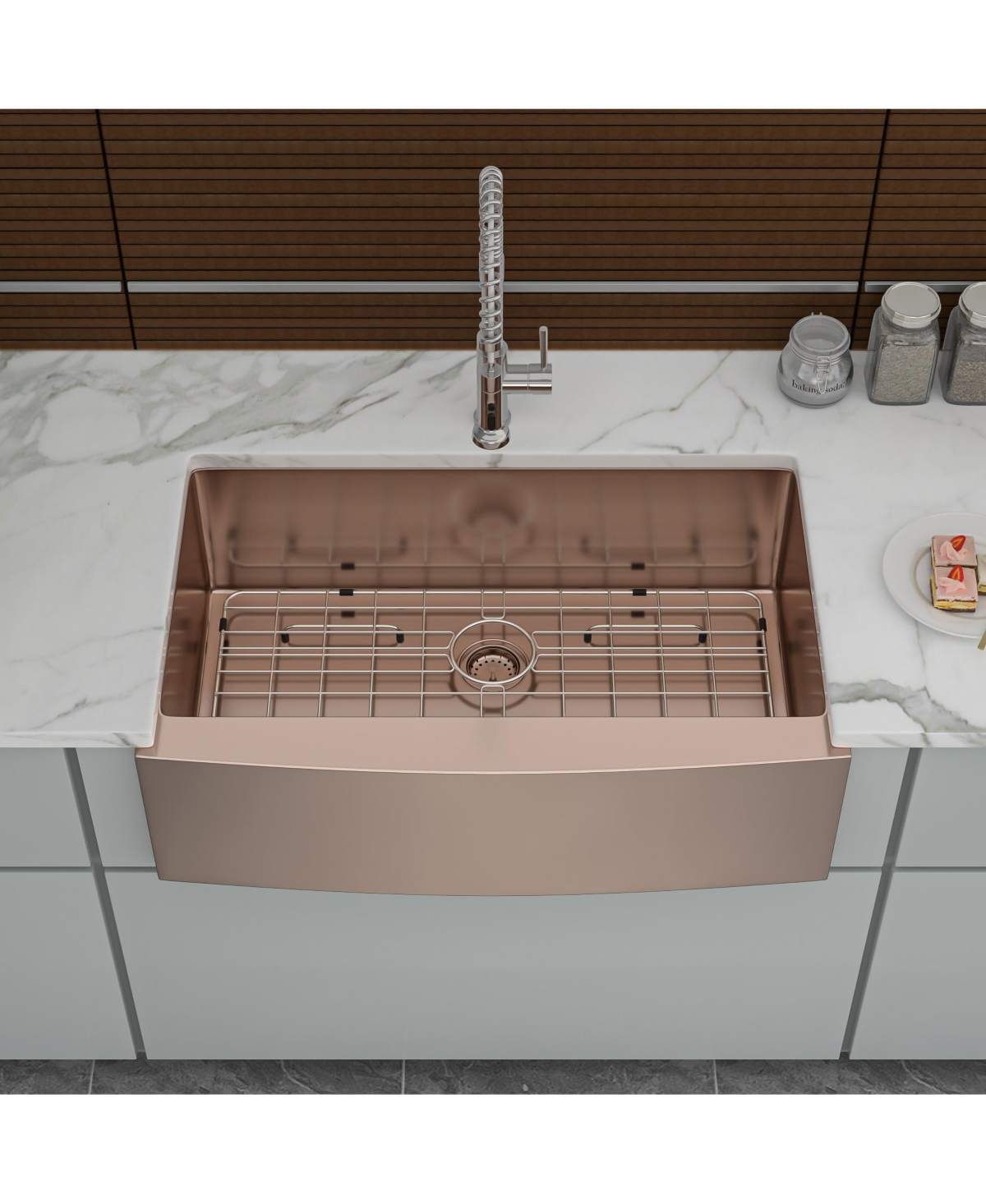 flynama 33inch Rose Gold Farmhouse Kitchen Sink 16G T304 Nano Stainless Steel Apron Front Single Bowl 33x21x10inch with Full Accessories