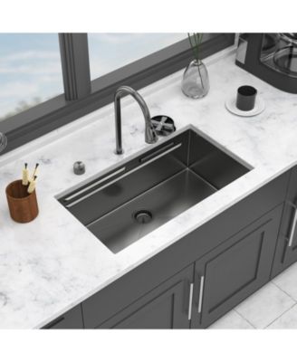 33x16.72x10inch Undermount Gunmetal Black Waterfall Kitchen Sink Stainless Steel Workstation